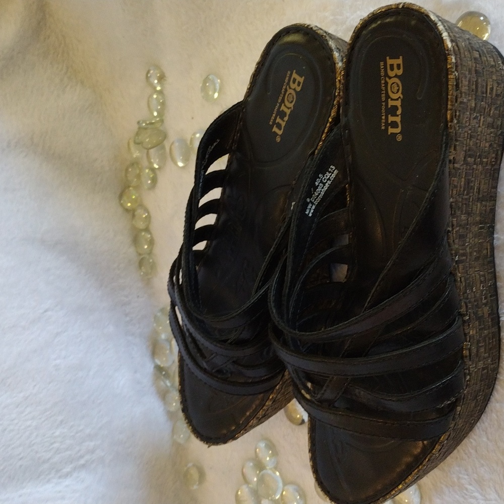 Born Black Leather Womens Wedge Sandals
